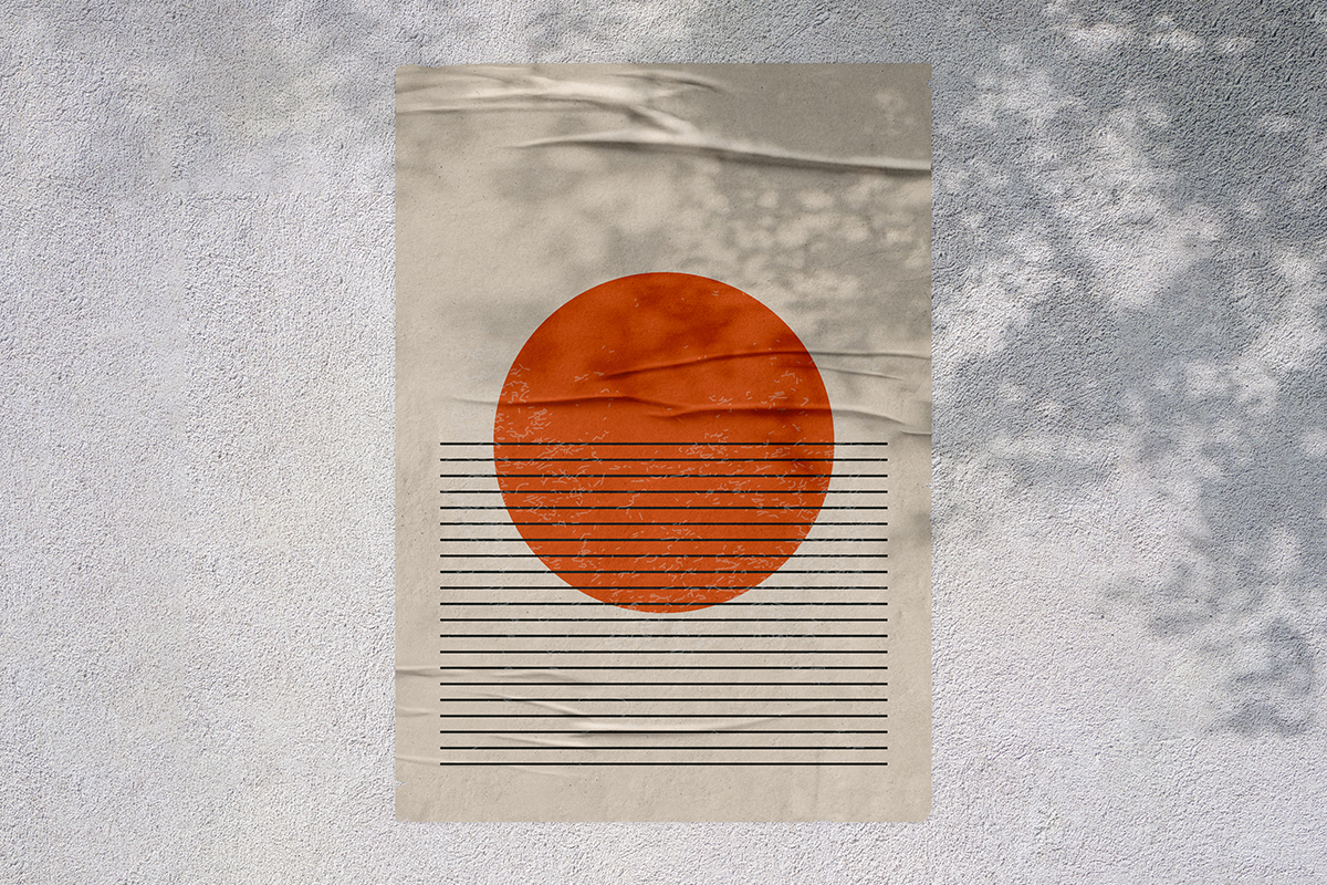 graphic design poster with orange circle on wavy black lines