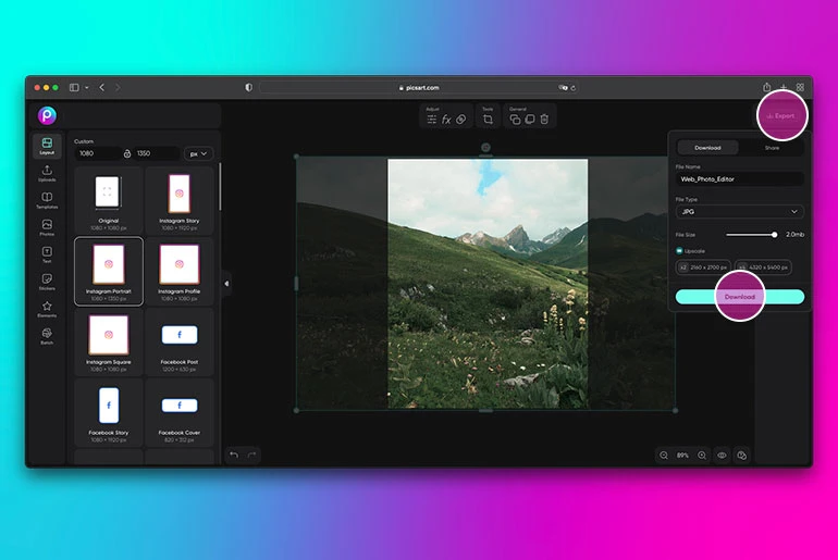 saving a documentary photography edit in picsart web