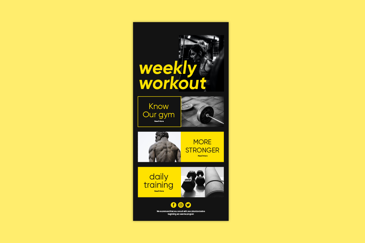 black and yellow newsletter layout for a gym