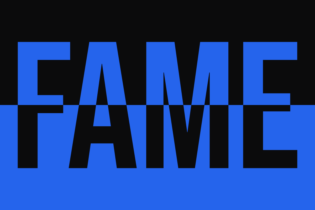 the word FAME spelled in blue and black color blocking
