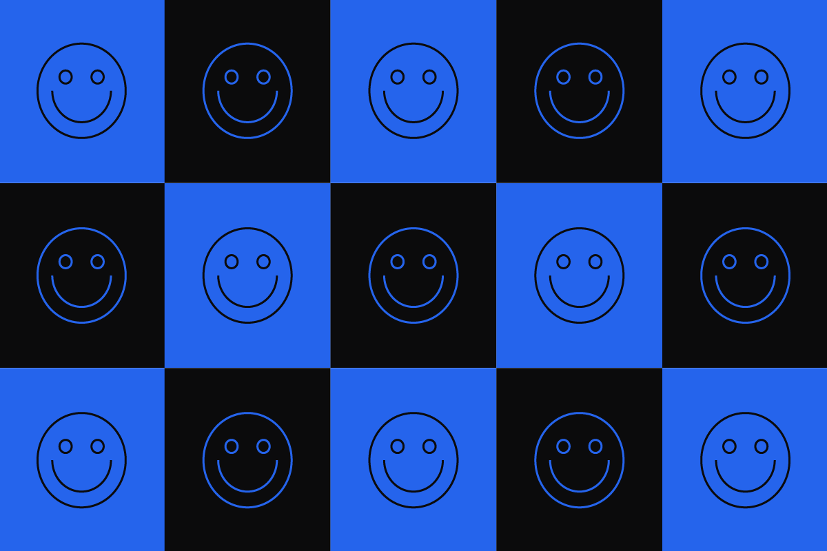 checkered smile face graphic in blue and back