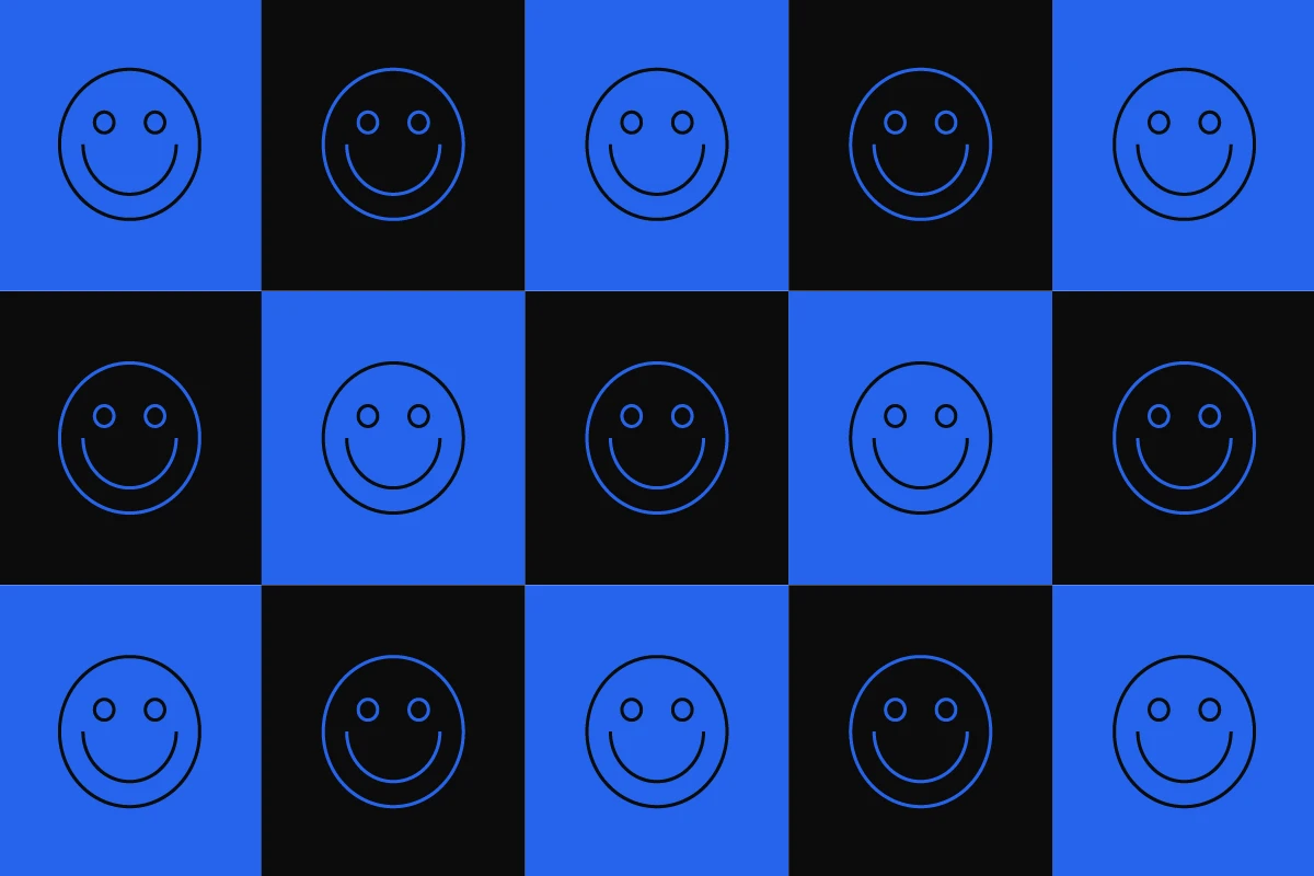 checkered smile face graphic in blue and back