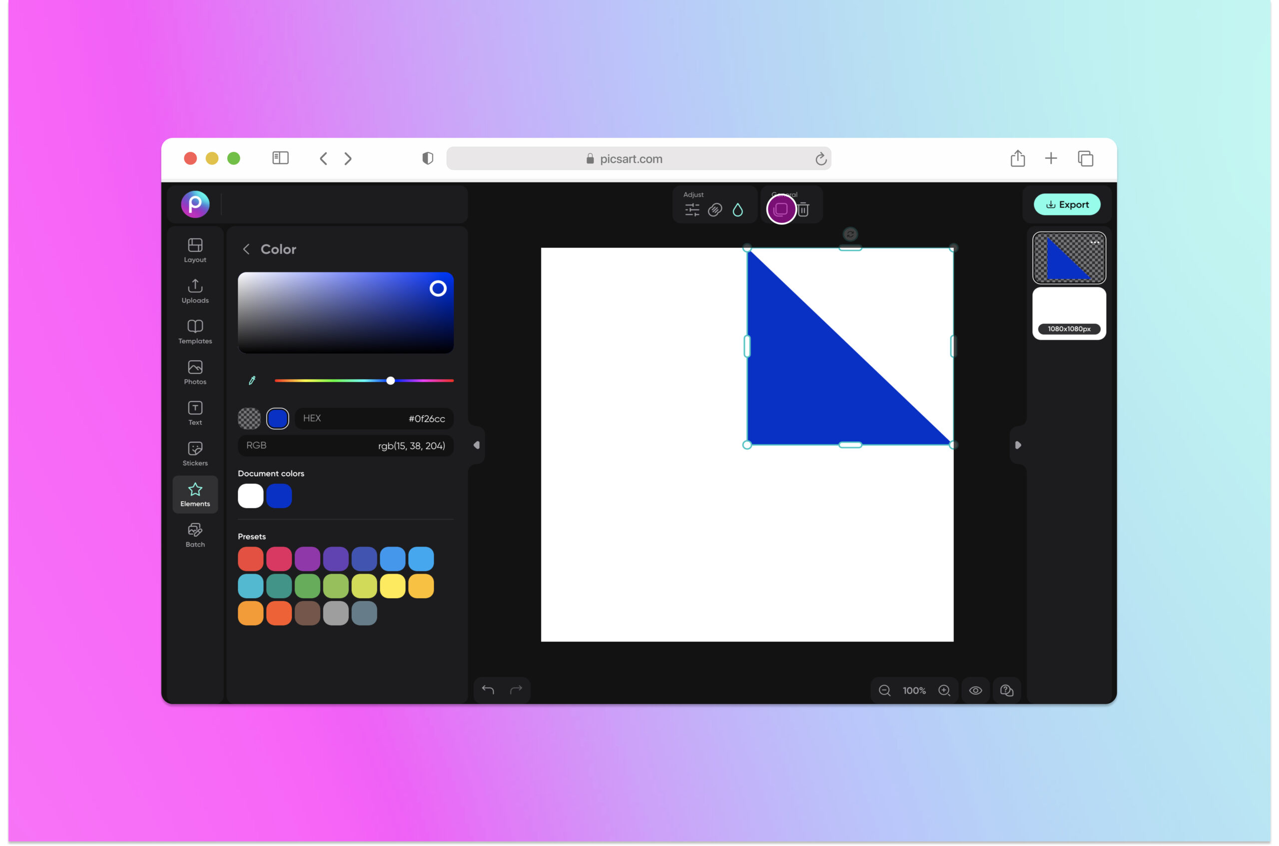 changing the color of a shape in picsart web