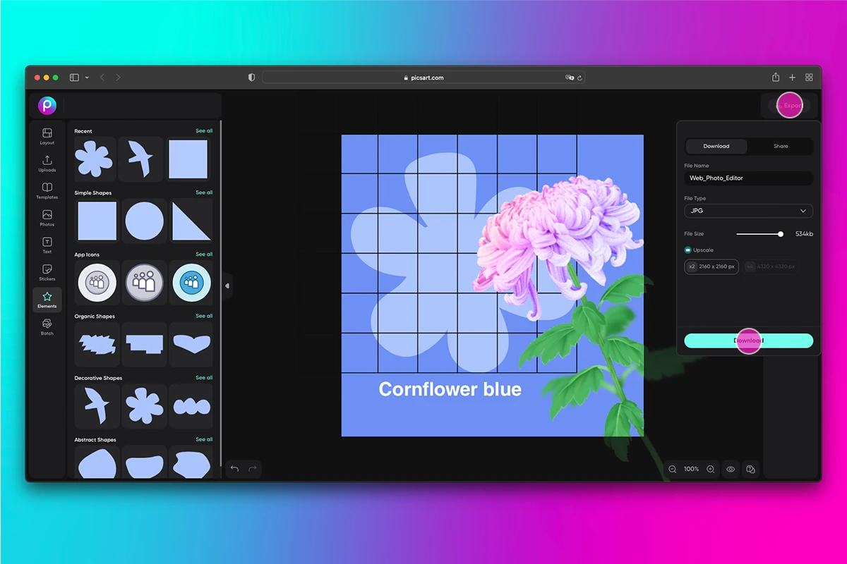 how to export a file from picsart web
