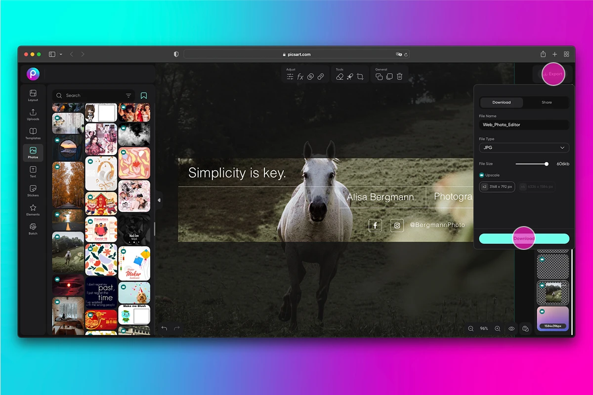 how to export a linkedin banner image from picsart