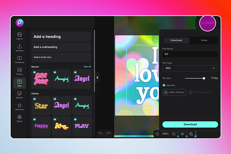 how to save a typography design in picsart