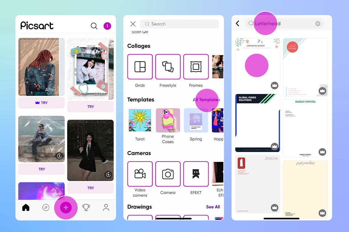 how to search for letterhead templates in picsart app