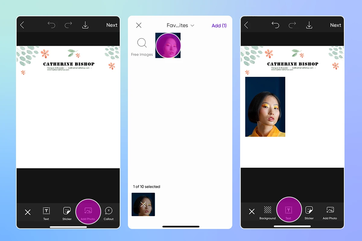 how to add a headshot to a digital CV design in picsart app