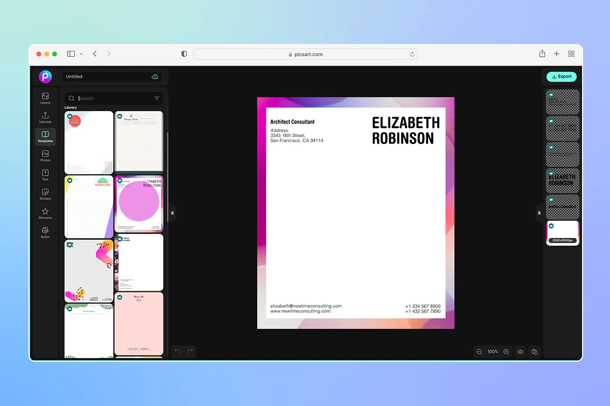 how to find a letterhead template for a design portfolio on picsart web