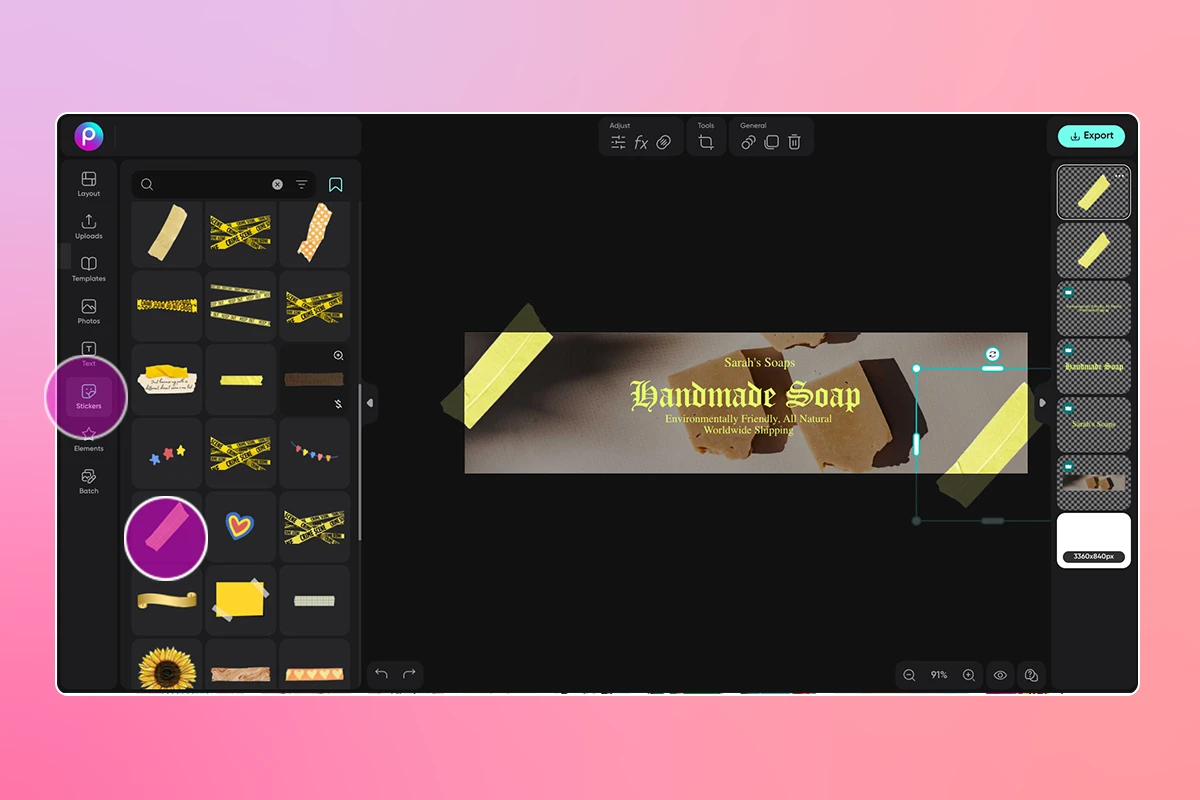 how to customize an etsy cover photo template by adding stickers