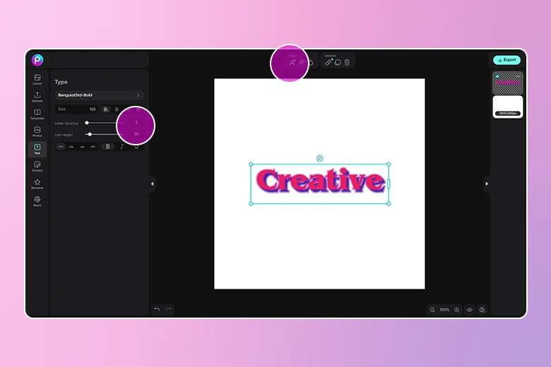 how to adjust font spacing and do kerning in picsart web
