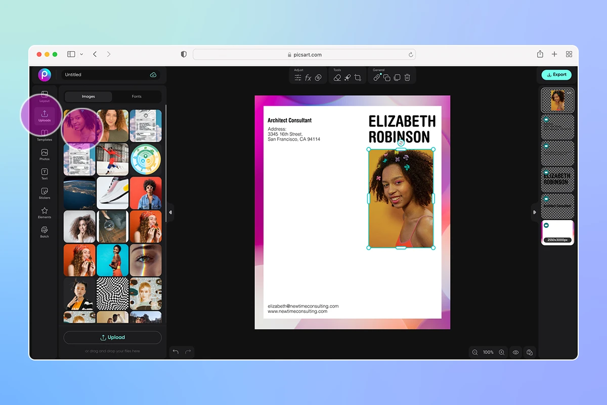 how to add a photo to a digital resume template in picsart