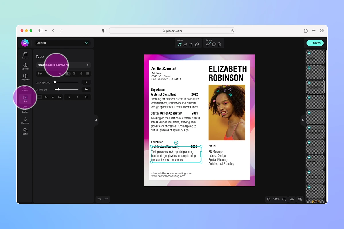 how to add text to a resume template in picsart