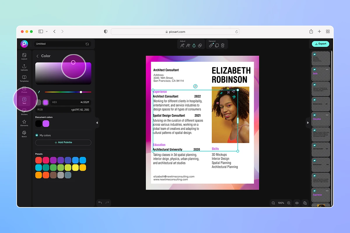 how to change font color on a digital resume