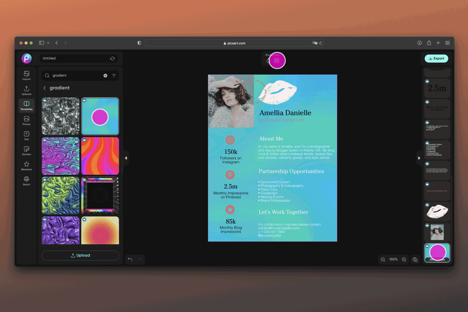 how to change the gradient color on a media kit template in picsart