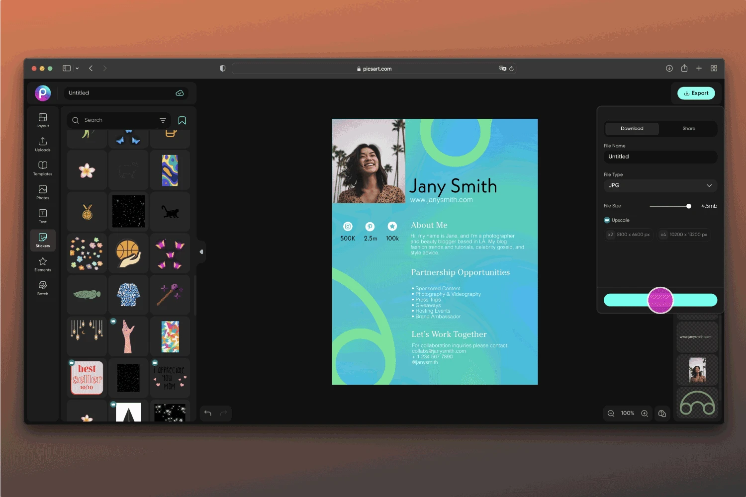 how to export a designed template from picsart web