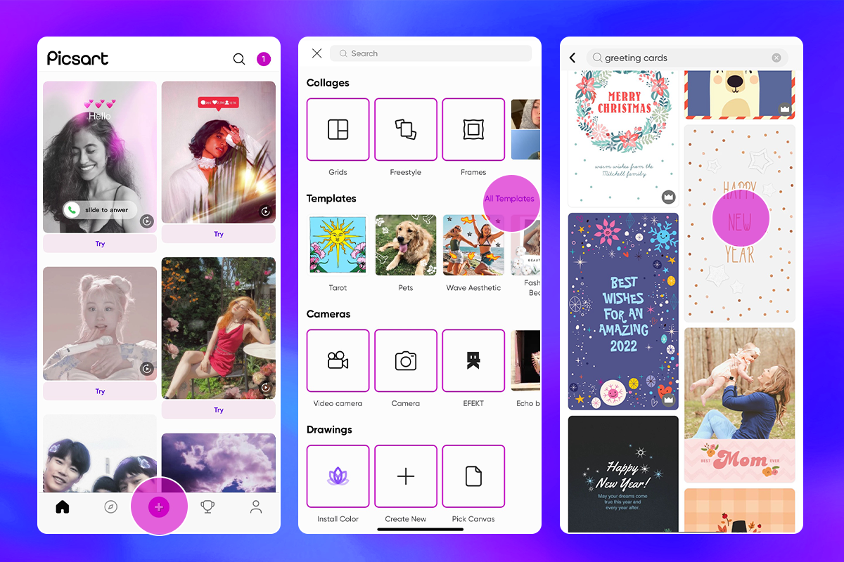 how to search for greeting card templates in picsart app