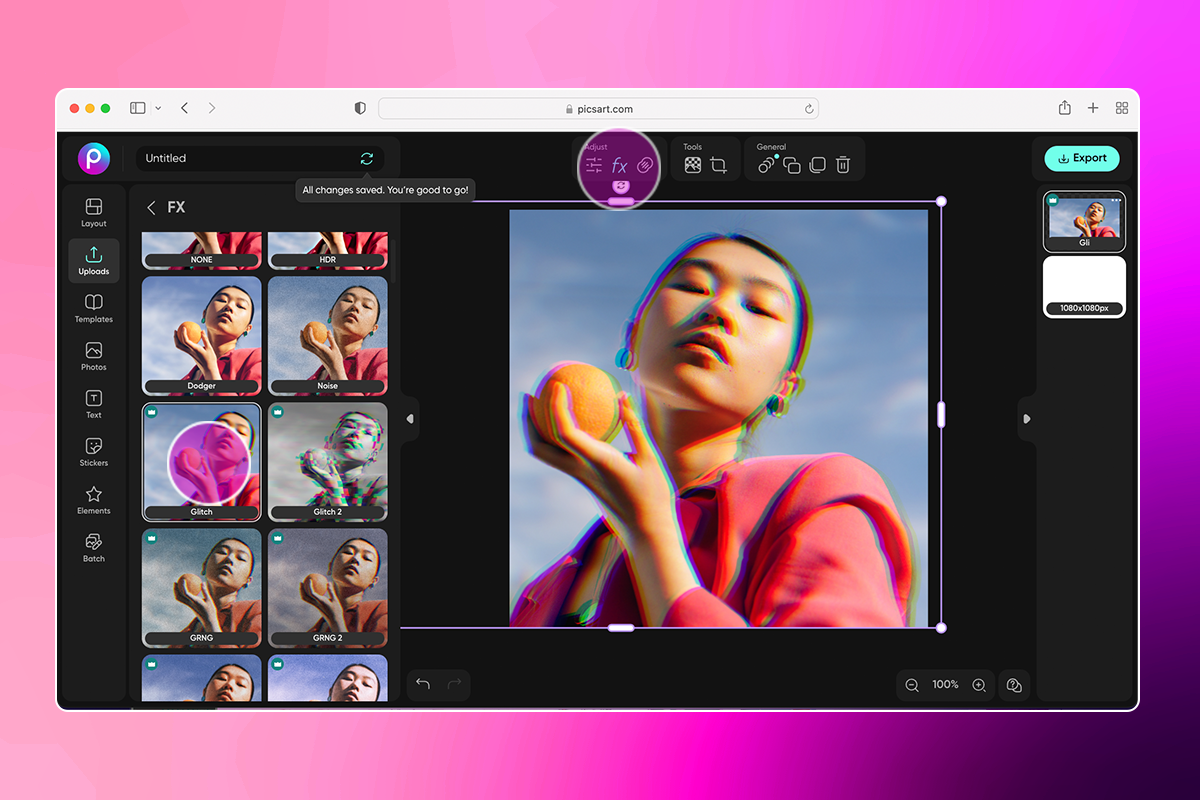 how to add a glitch effect to a photo in the picsart web editor