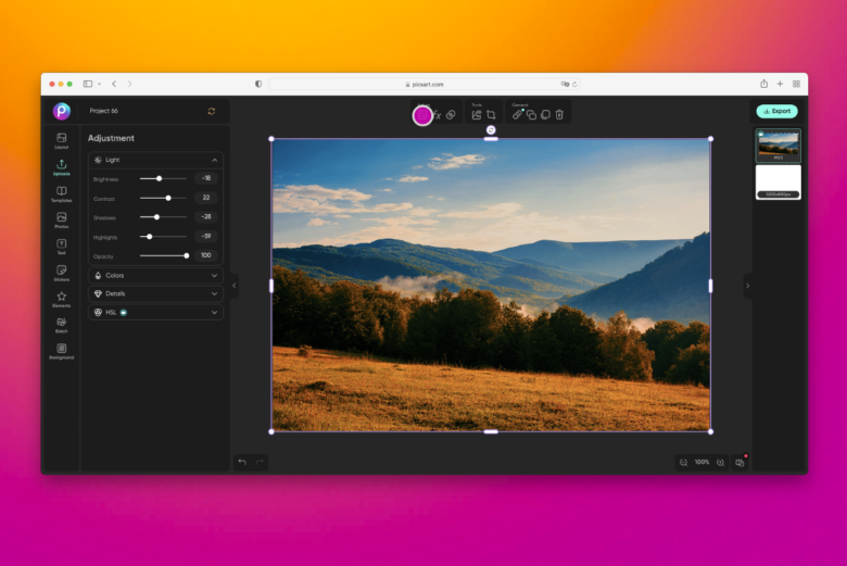 how to use the adjust tool in picsart web to change hues on a landscape photo