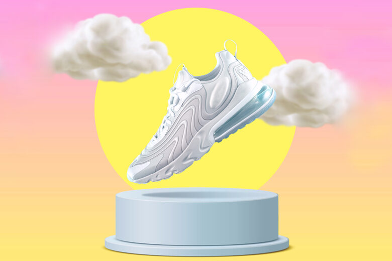 image of a shoe on a pedestal with a colorful background