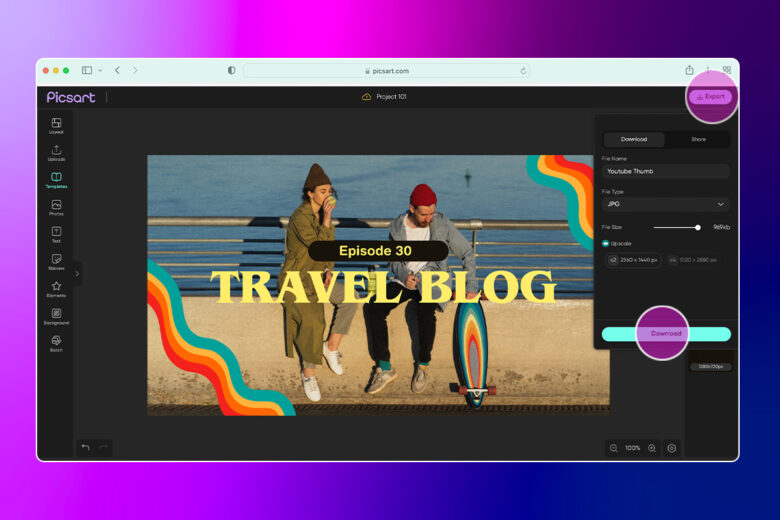 how to export a youtube thumbnail designed from a template in picsart