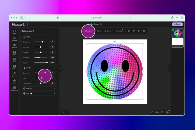 how to adjust the colors on stickers in picsart