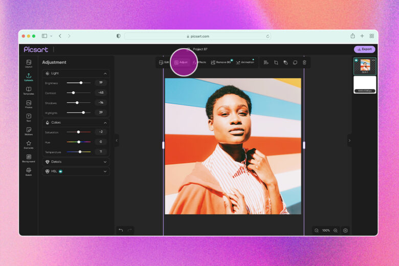 how to use the adjust tool in picsart web to adjust filters