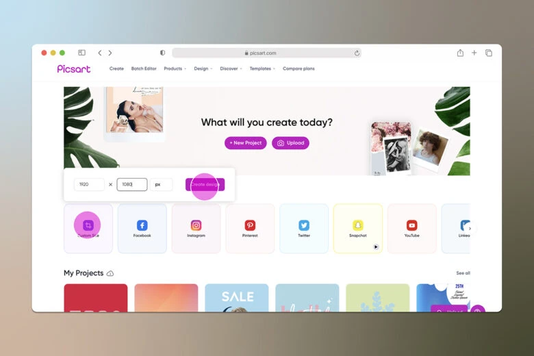 how to start a custom size canvas in picsart web