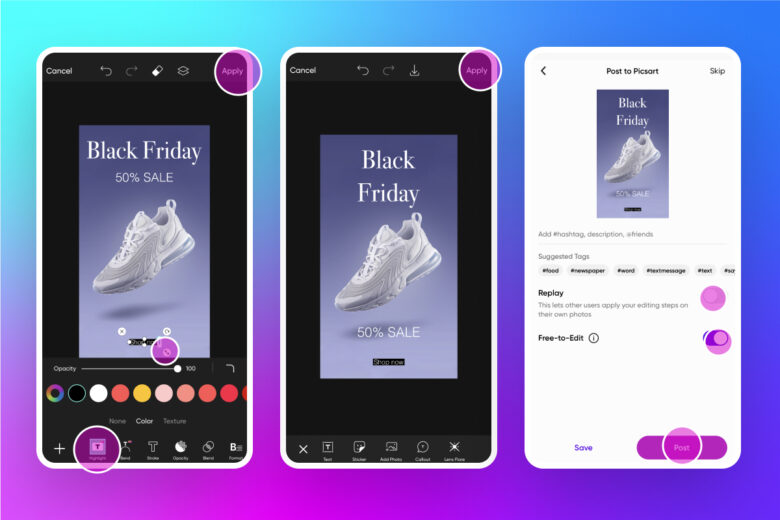 how to add text to a black friday sale banner and export it in picsart