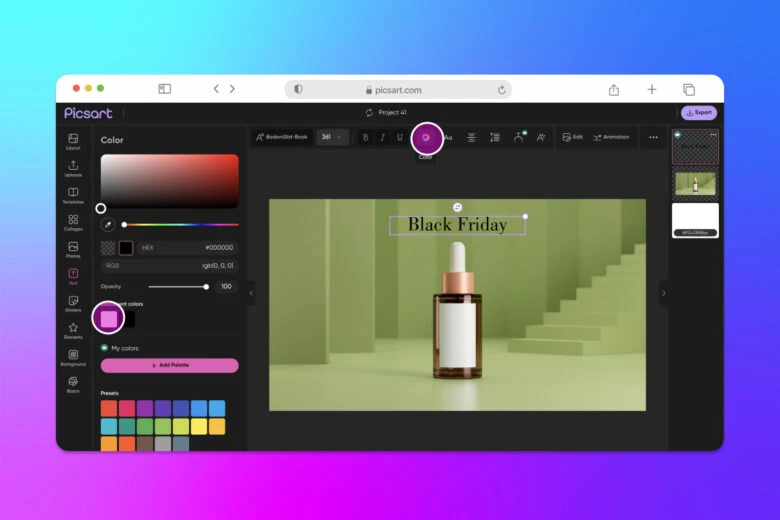 how to change font color in picsart web