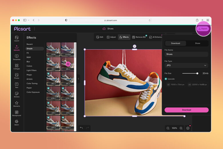 how to export photo edited product photography from picsart web