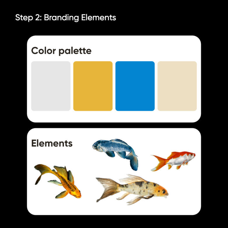 A color palette of light grey, mustard yellow, royal blue, and cream, and fish branding elements