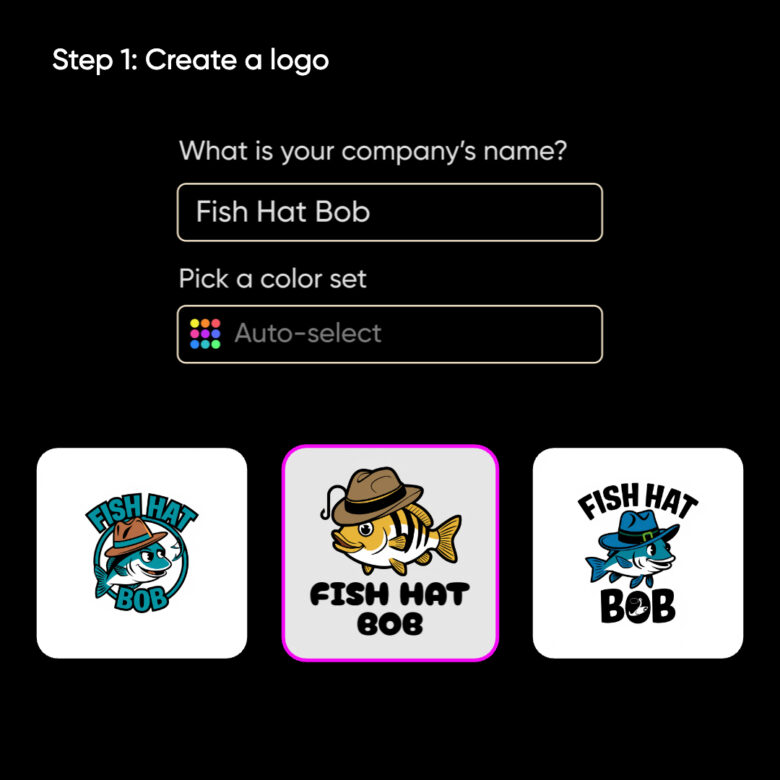 Three logo options for Fish Hat Bob created with Picsart's AI Logo Maker