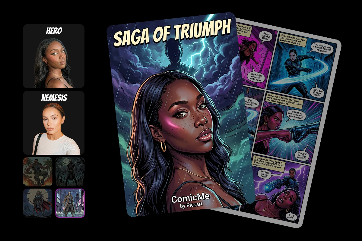 Neon noir comic strip example created with Picsart ComicMe