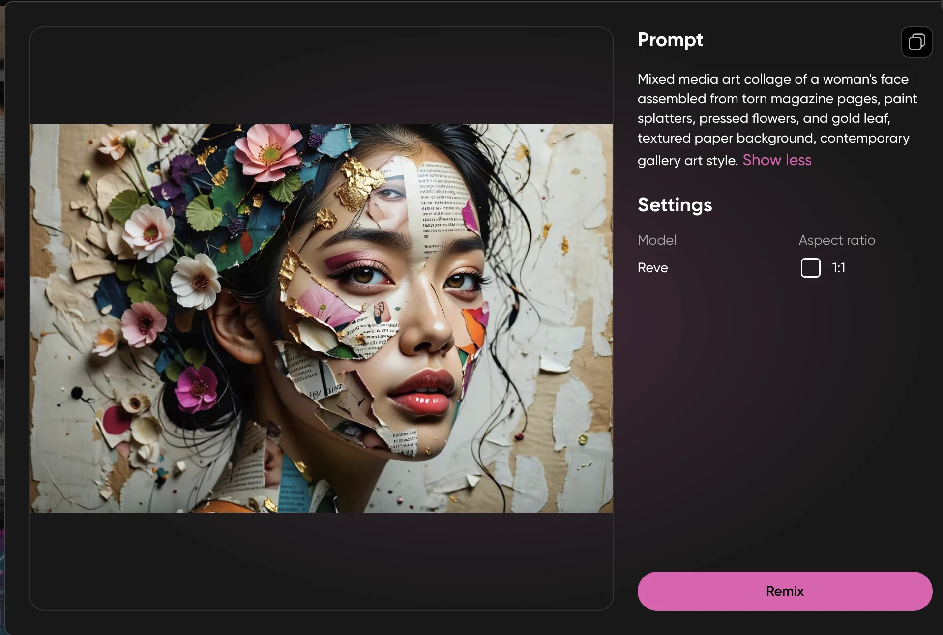 Mixed media collage portrait of a woman's face with magazine pages and gold leaf