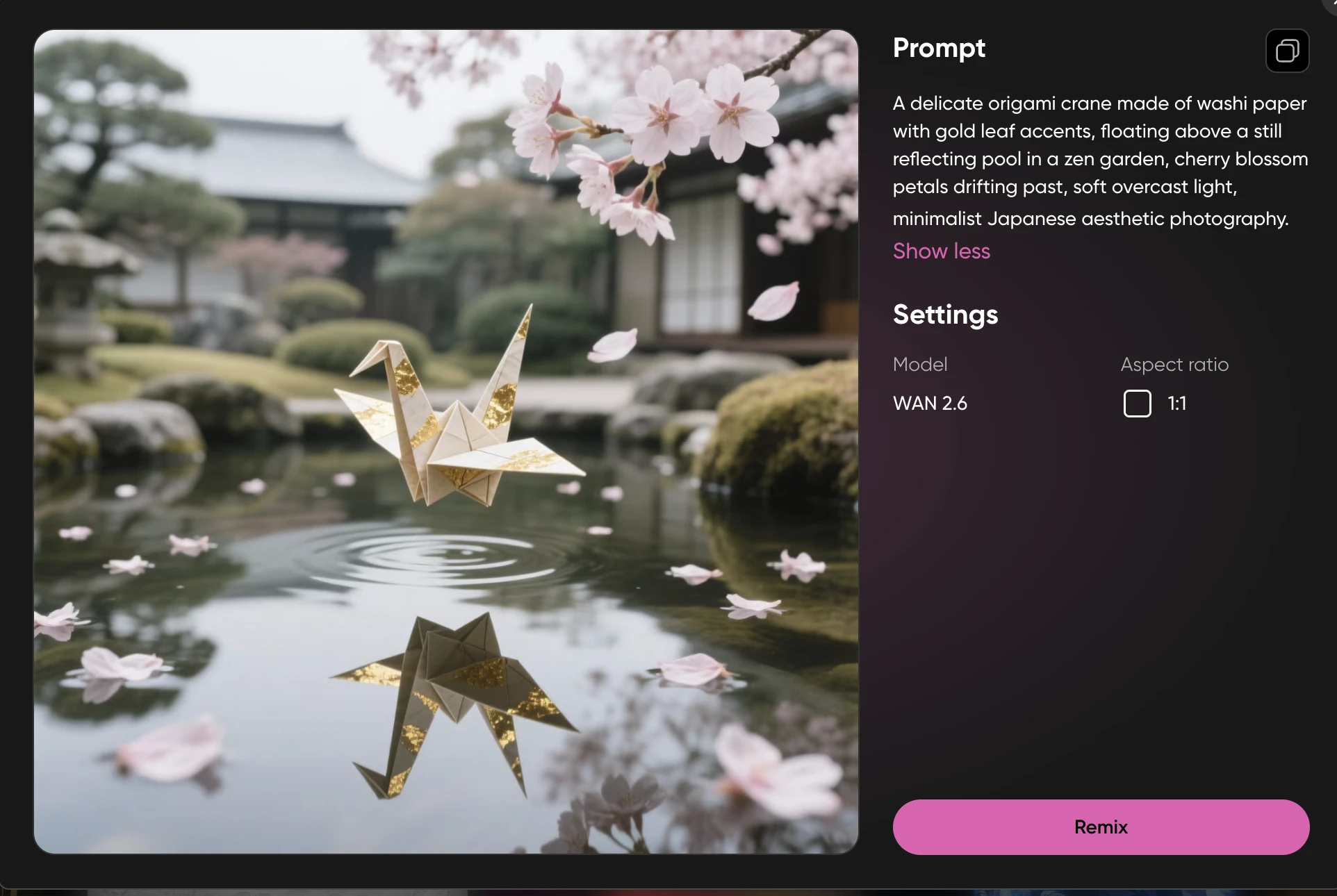 Origami crane floating above a zen garden reflecting pool with cherry blossoms