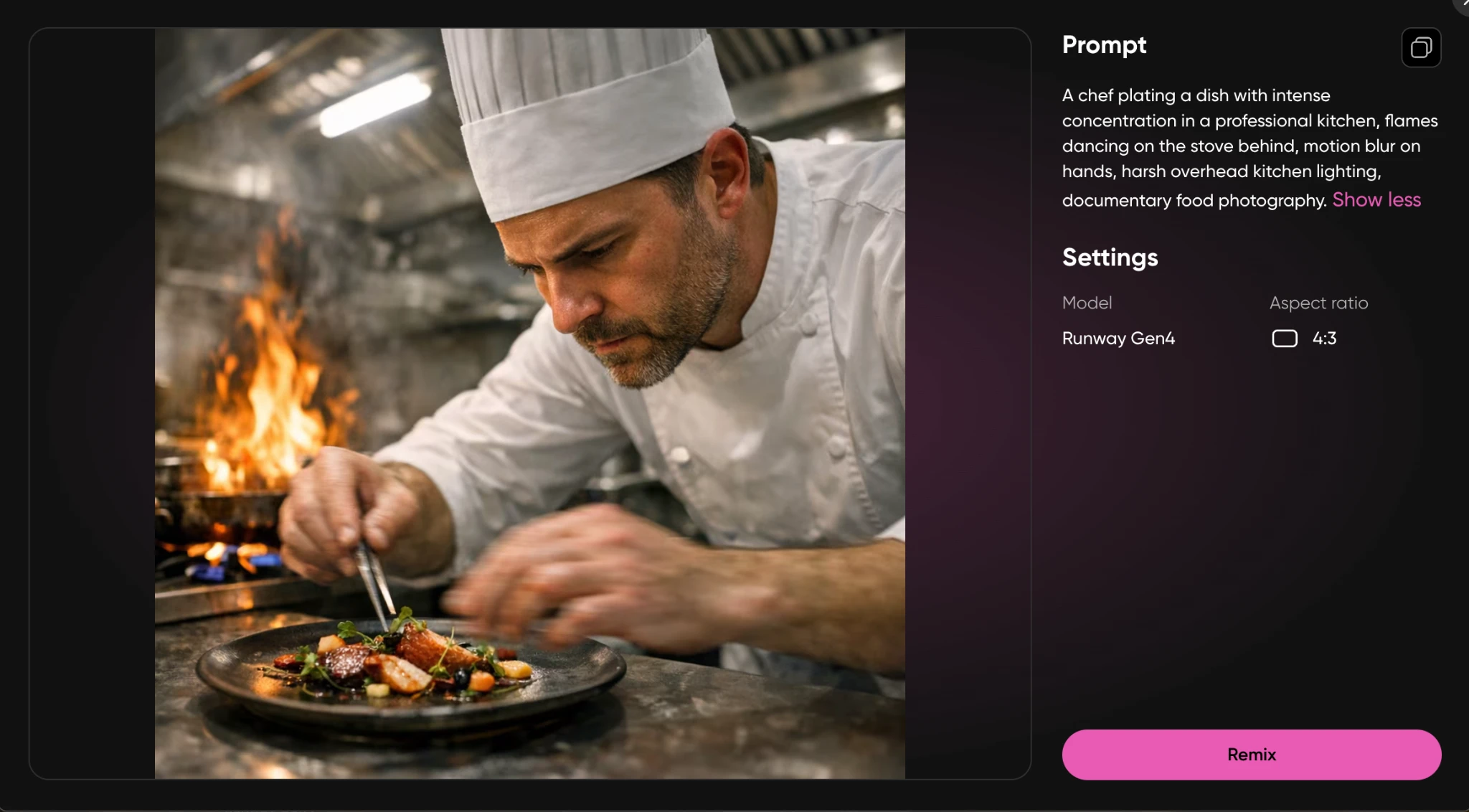 Chef plating a dish in a professional kitchen with flames behind