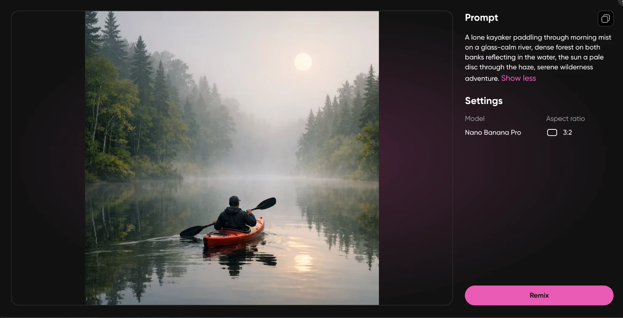 Lone kayaker paddling through morning mist on a calm river
