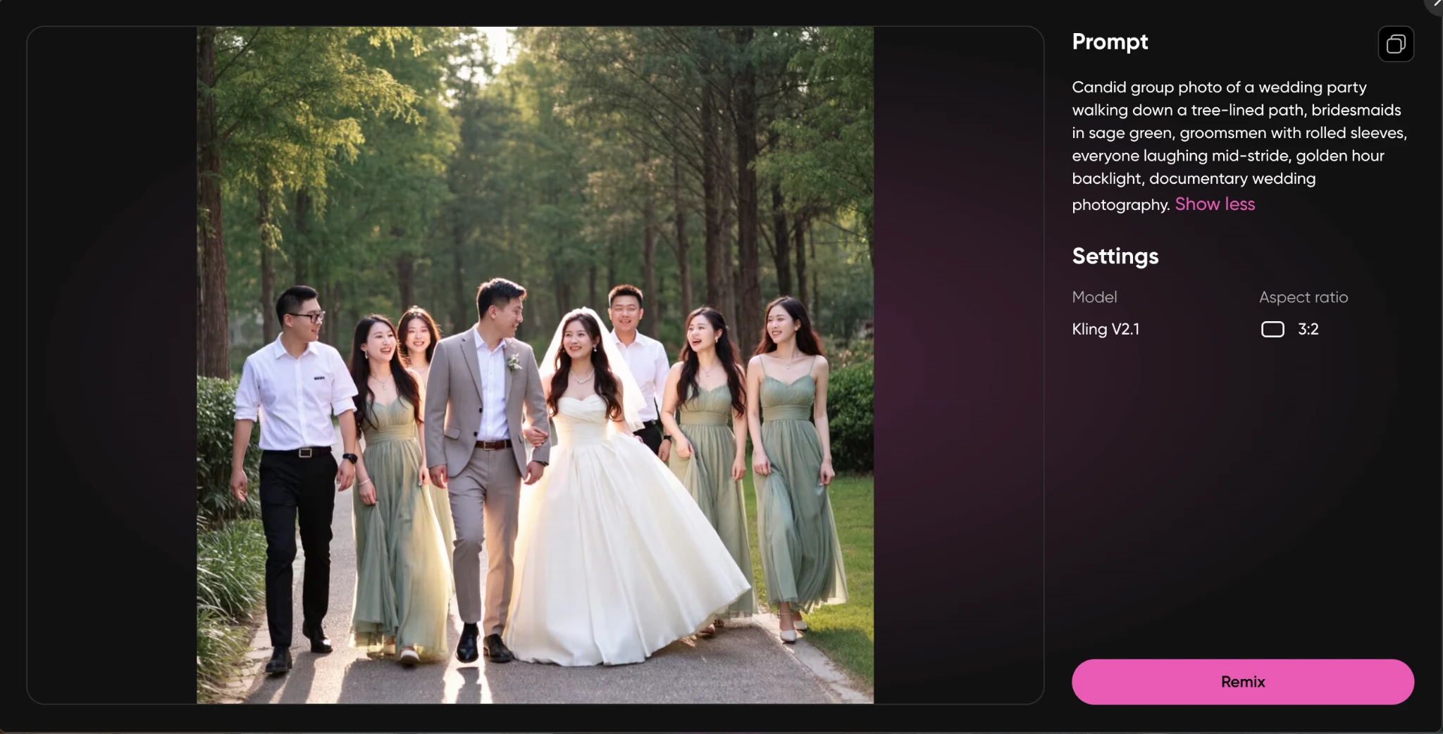 Candid wedding party walking down a tree-lined path in golden hour light