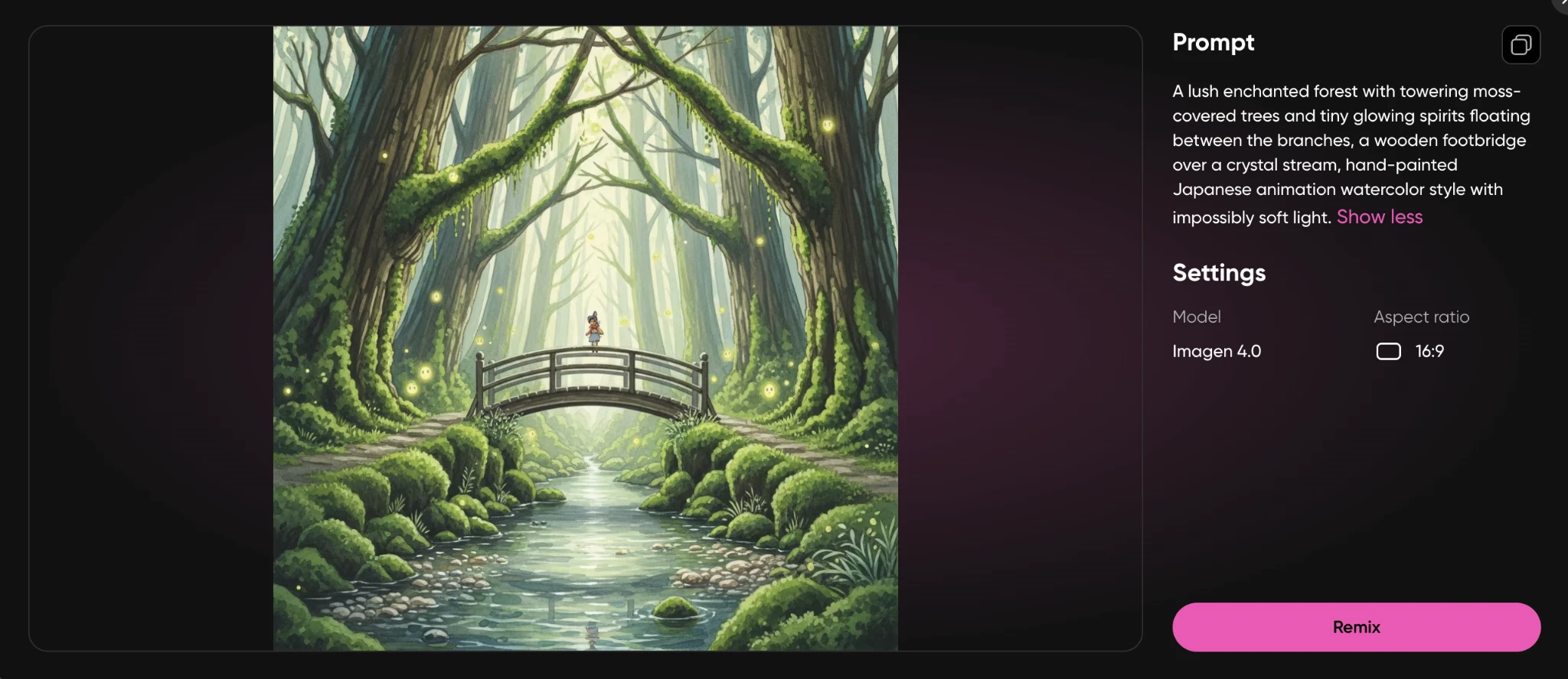 Enchanted forest with moss-covered trees, glowing spirits, and a footbridge over a stream