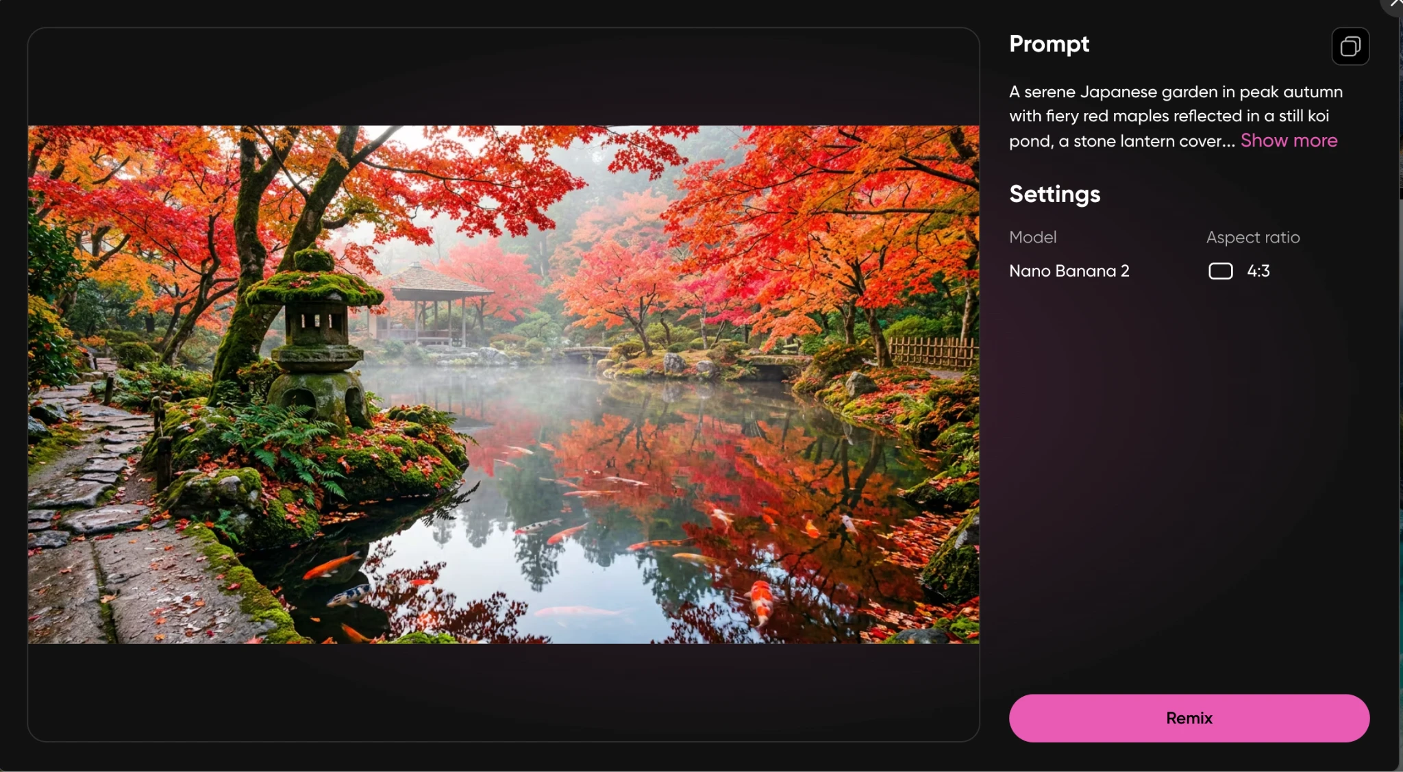 Japanese garden in autumn with red maples reflected in a koi pond