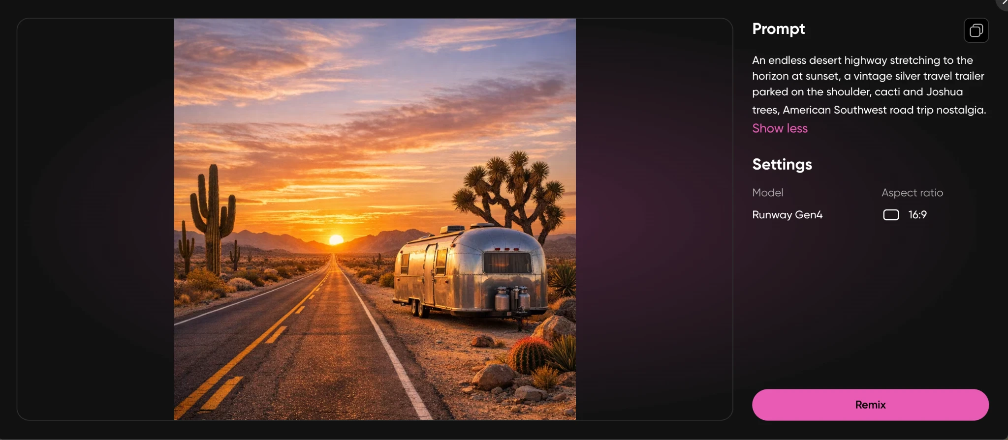 Desert highway at sunset with a vintage silver travel trailer and Joshua trees