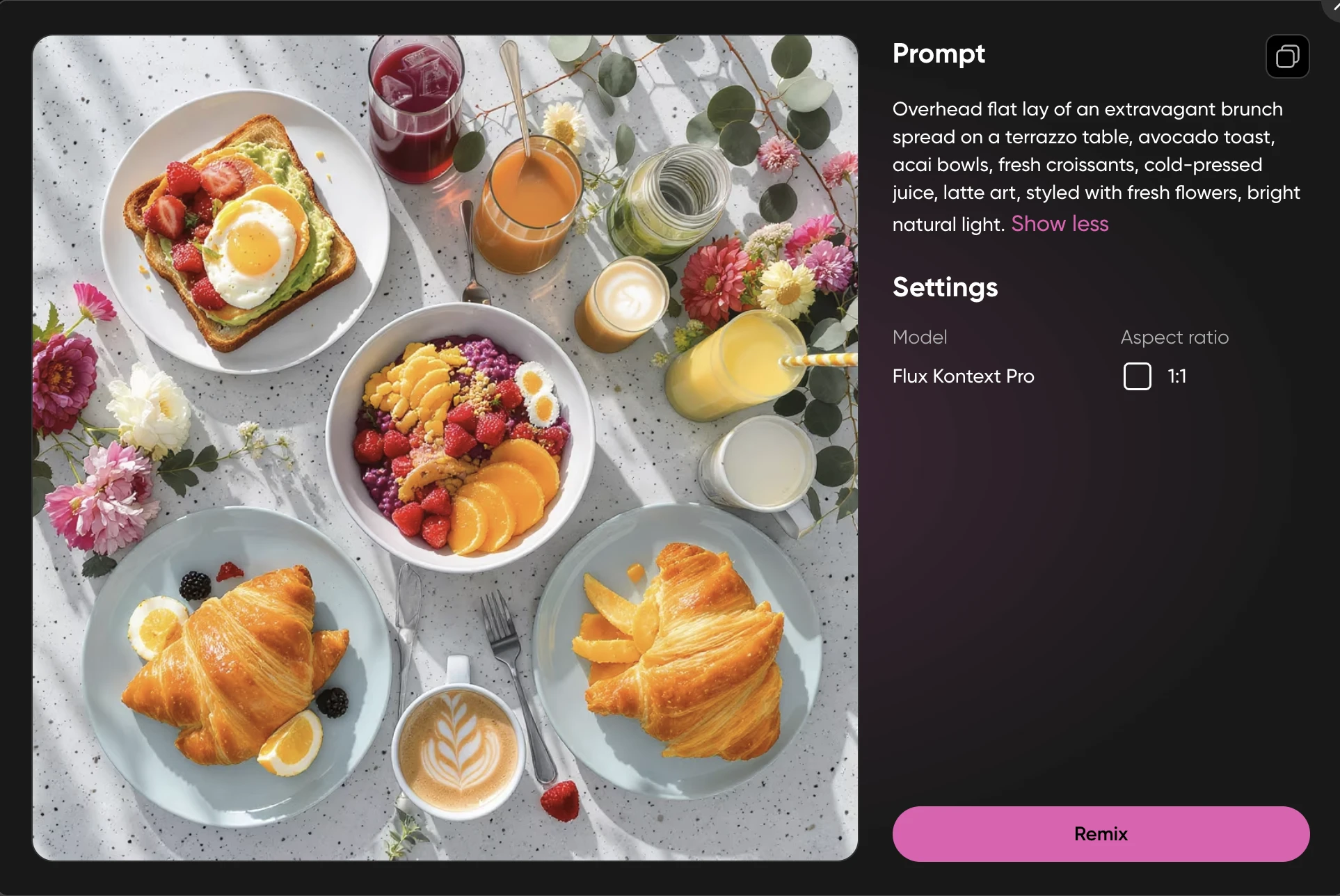 Overhead flat lay of a brunch spread on a terrazzo table with avocado toast and acai bowls