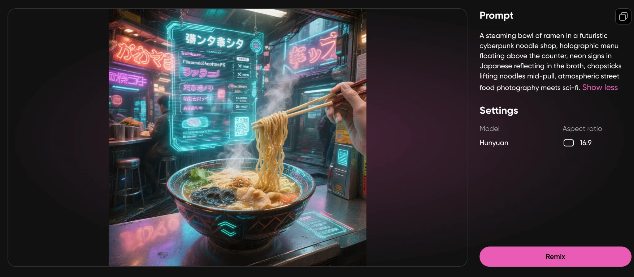Steaming ramen bowl in a cyberpunk noodle shop with neon signs reflecting in the broth