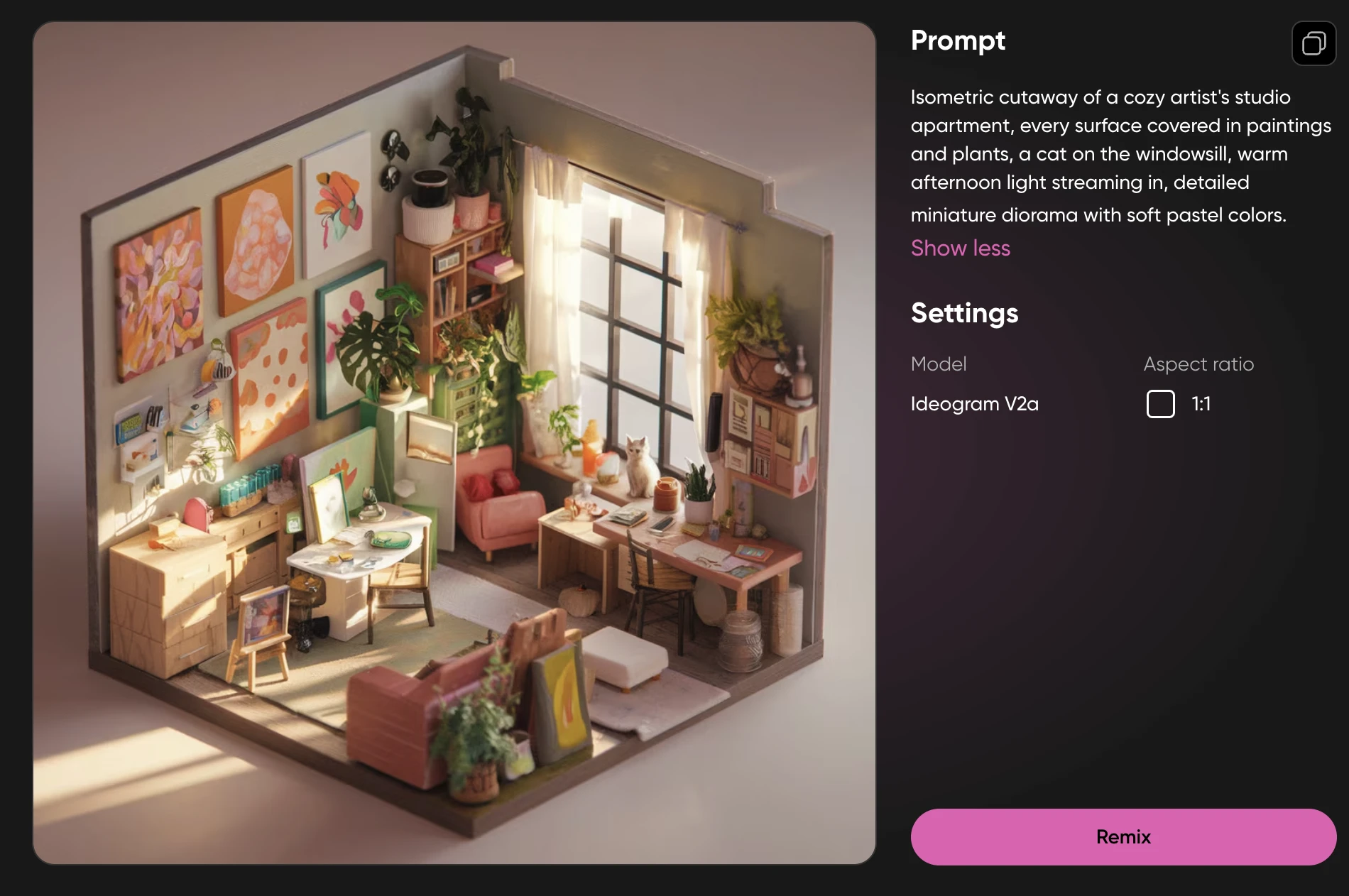 Isometric cutaway of a cozy artist's studio apartment with paintings, plants, and a cat