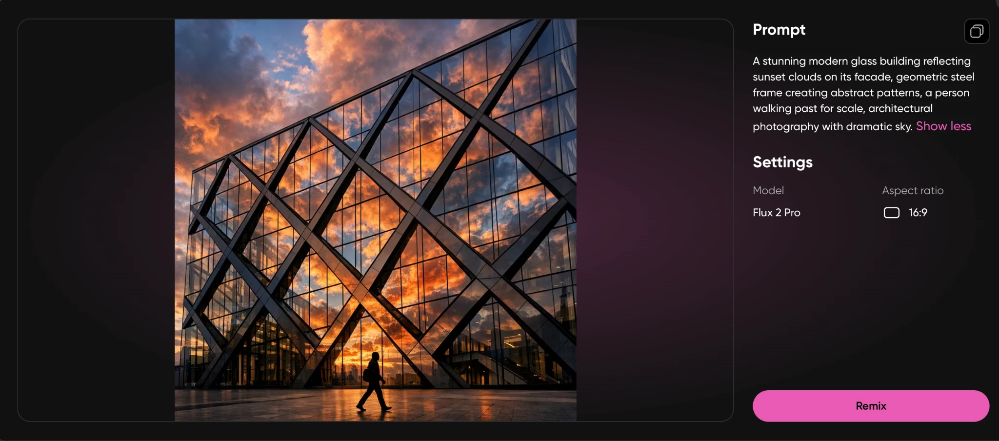 Modern glass building reflecting sunset clouds with a person walking past for scale
