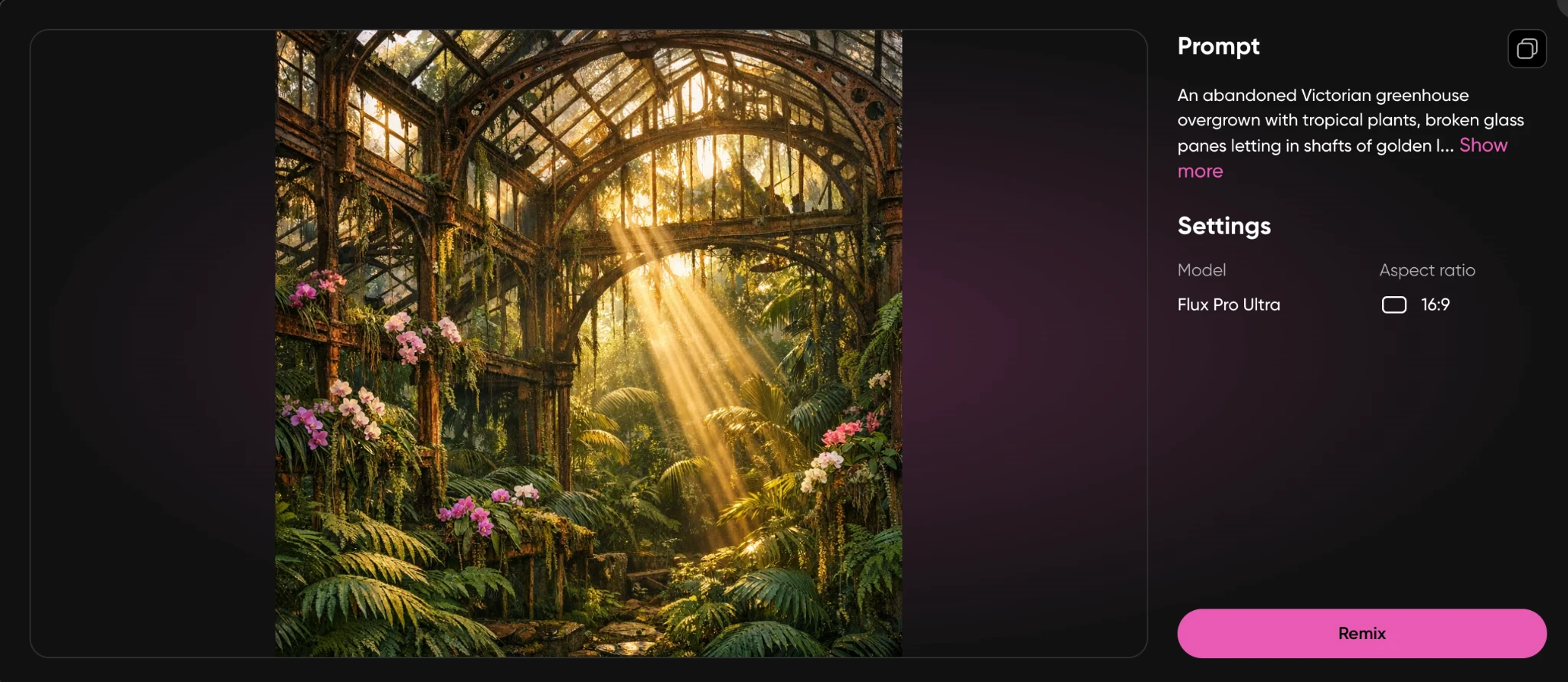 Abandoned Victorian greenhouse overgrown with tropical plants and golden light through broken glass