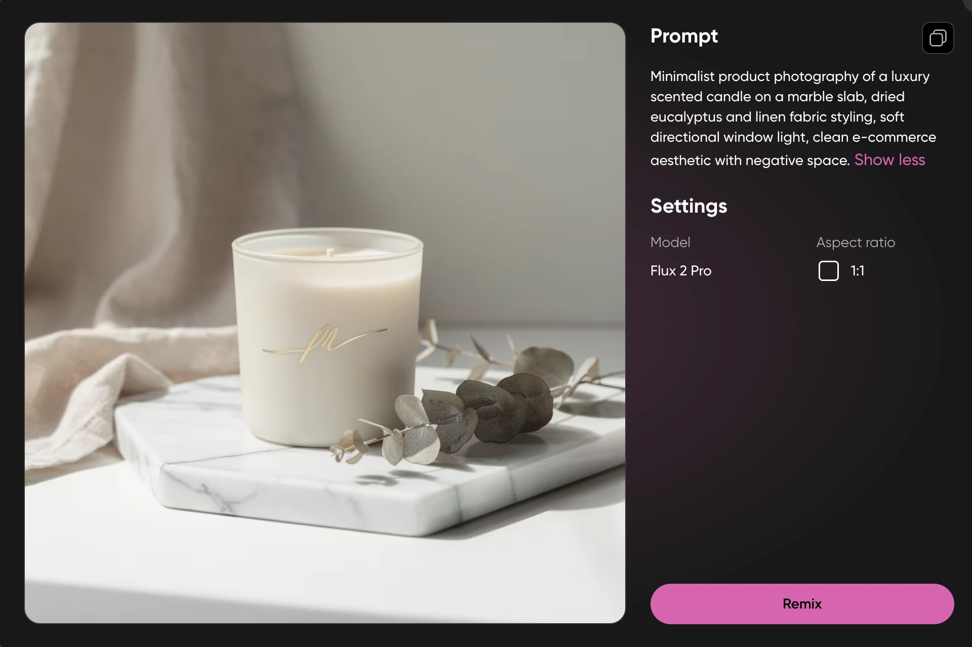 Luxury scented candle on a marble slab with dried eucalyptus and linen styling