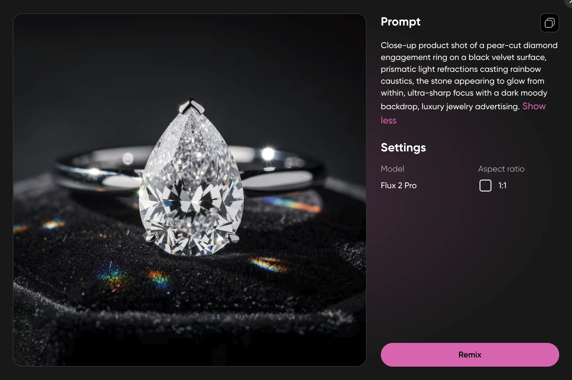 Close-up of a pear-cut diamond engagement ring on black velvet with prismatic light refractions