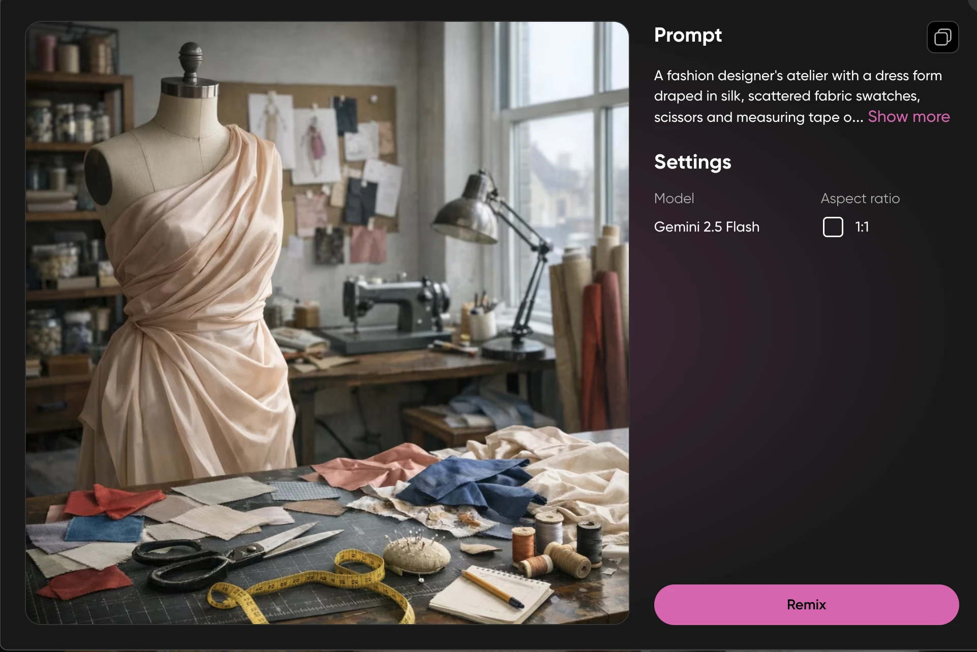 Fashion designer's atelier with a silk-draped dress form and scattered fabric swatches